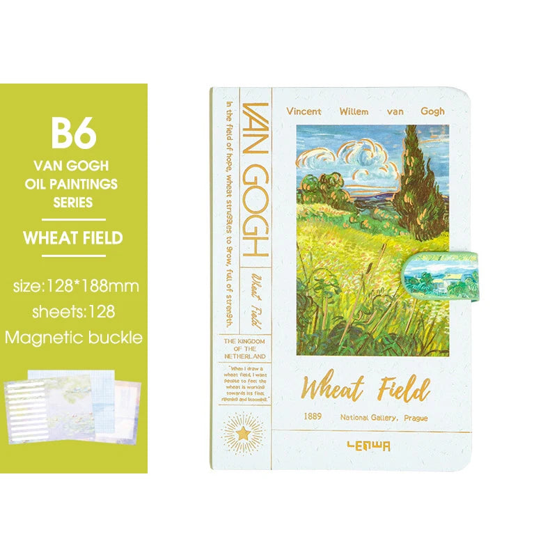 2025 New B6 Magnetic Buckle Notebook,Monet & Van Gogh Famous Painting Series,128 Sheets/Book,Full Colour Inside Pages,QP-17