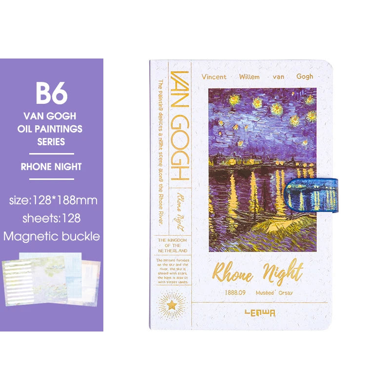 2025 New B6 Magnetic Buckle Notebook,Monet & Van Gogh Famous Painting Series,128 Sheets/Book,Full Colour Inside Pages,QP-17