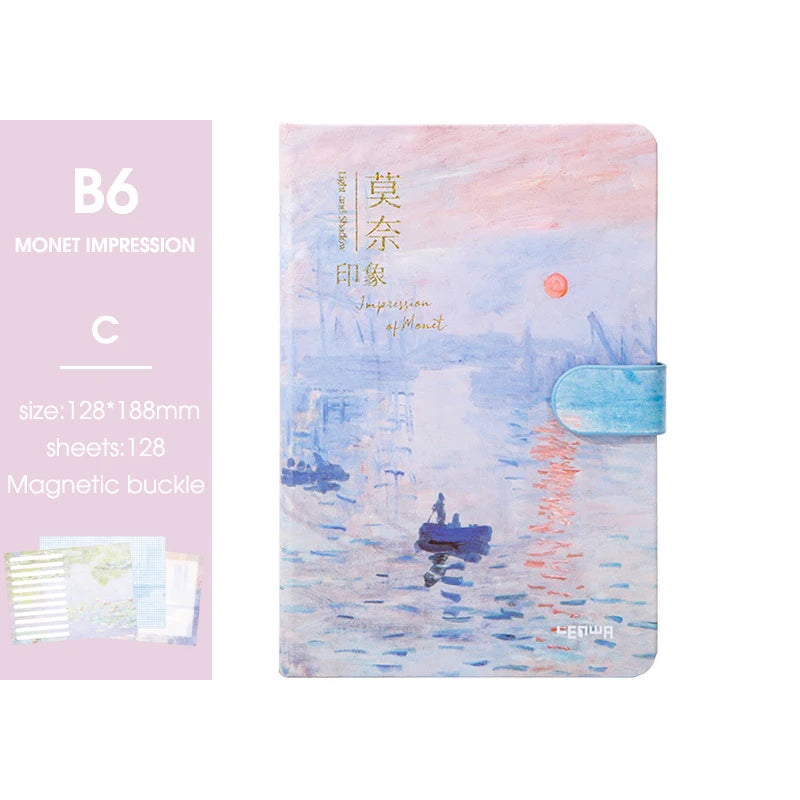 2025 New B6 Magnetic Buckle Notebook,Monet & Van Gogh Famous Painting Series,128 Sheets/Book,Full Colour Inside Pages,QP-17