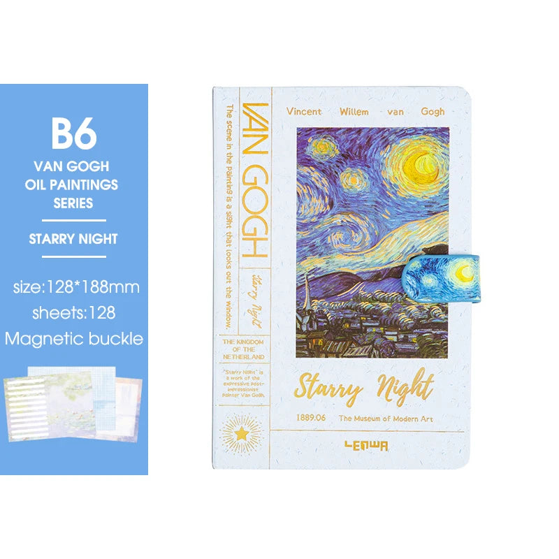 2025 New B6 Magnetic Buckle Notebook,Monet & Van Gogh Famous Painting Series,128 Sheets/Book,Full Colour Inside Pages,QP-17