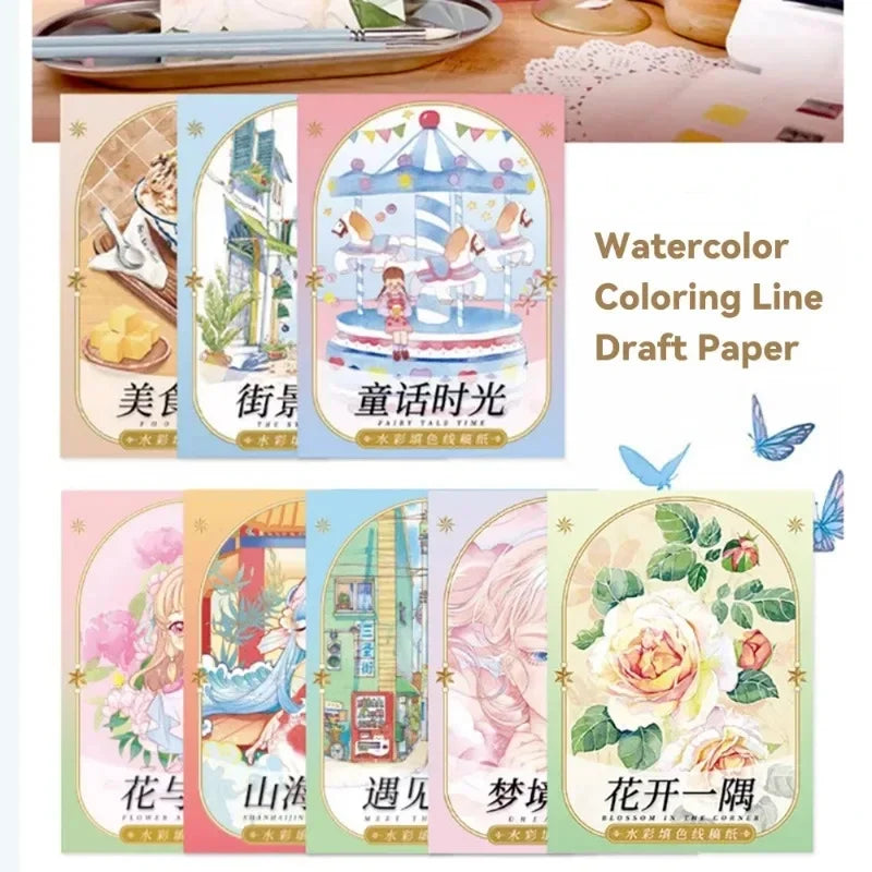 8Sheets Watercolor Line Painting Book 300g Artists Diy Line Draft Copying Drawing Girls Flowers Food Hand-Drawn Colouring Paper