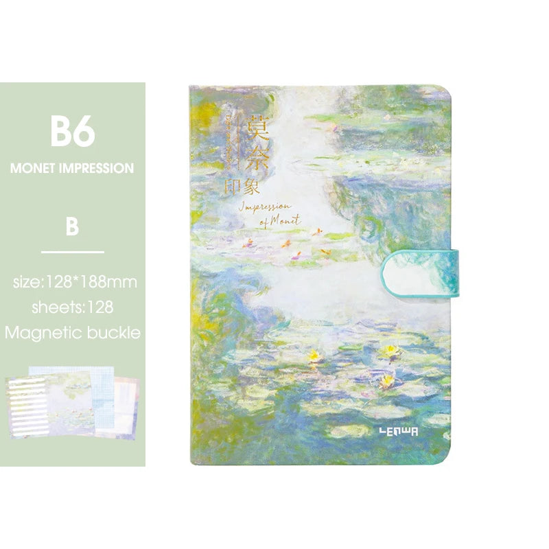 2025 New B6 Magnetic Buckle Notebook,Monet & Van Gogh Famous Painting Series,128 Sheets/Book,Full Colour Inside Pages,QP-17