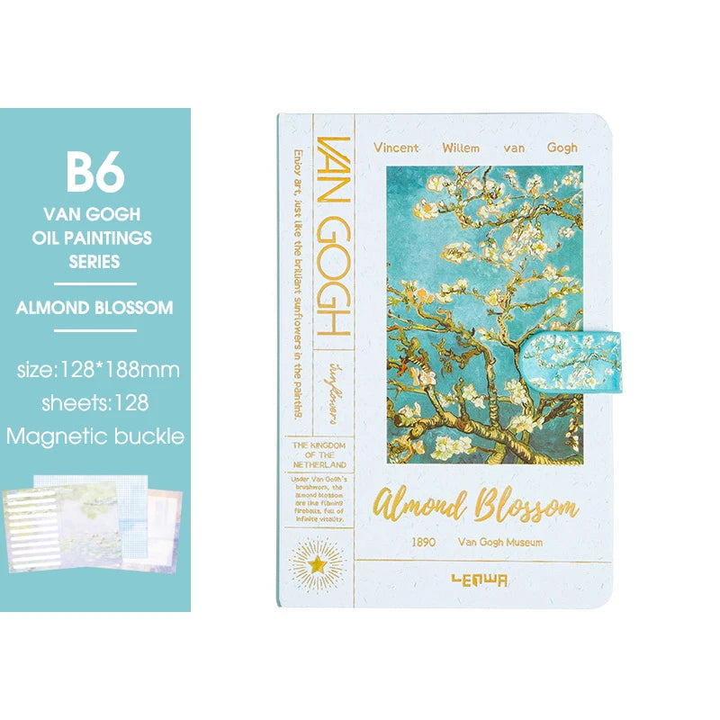 2025 New B6 Magnetic Buckle Notebook,Monet & Van Gogh Famous Painting Series,128 Sheets/Book,Full Colour Inside Pages,QP-17