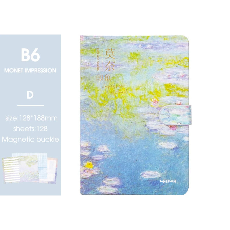 2025 New B6 Magnetic Buckle Notebook,Monet & Van Gogh Famous Painting Series,128 Sheets/Book,Full Colour Inside Pages,QP-17