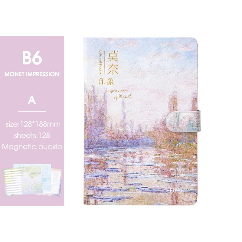 2025 New B6 Magnetic Buckle Notebook,Monet & Van Gogh Famous Painting Series,128 Sheets/Book,Full Colour Inside Pages,QP-17